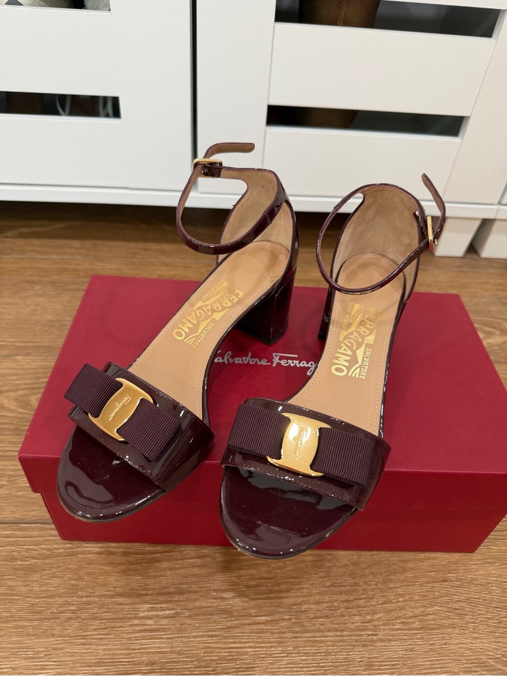 Salvatore Ferragamo Burgundy Patent Vara Bow Block Heels